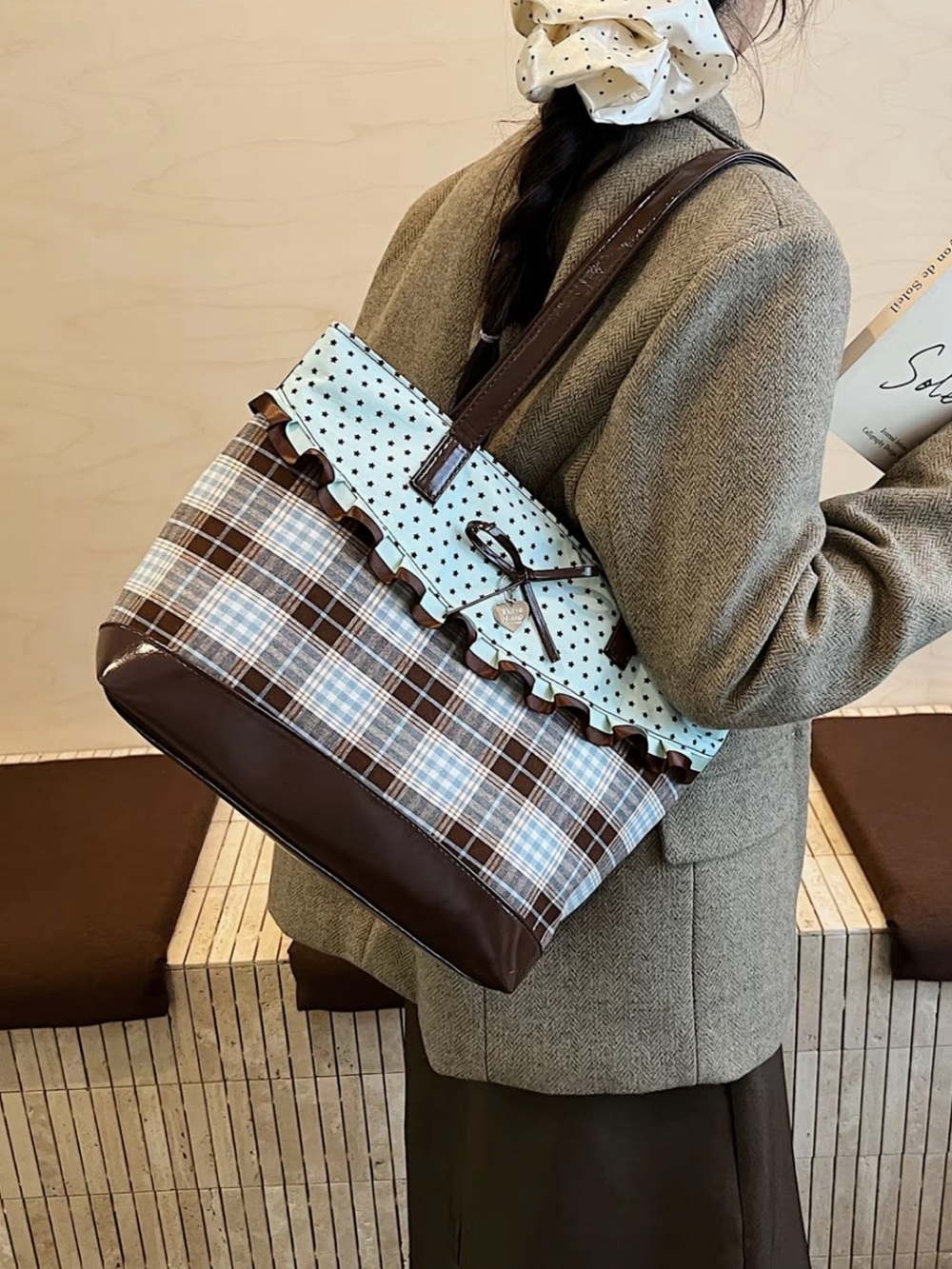 Brown Plaid Tote Bag with Light Blue Polka Dot Trim - Picture 4 of 5